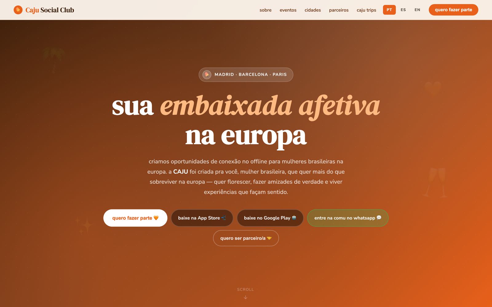 Página inicial do site da Caju Social Club, com o título “sua embaixada afetiva na europa”