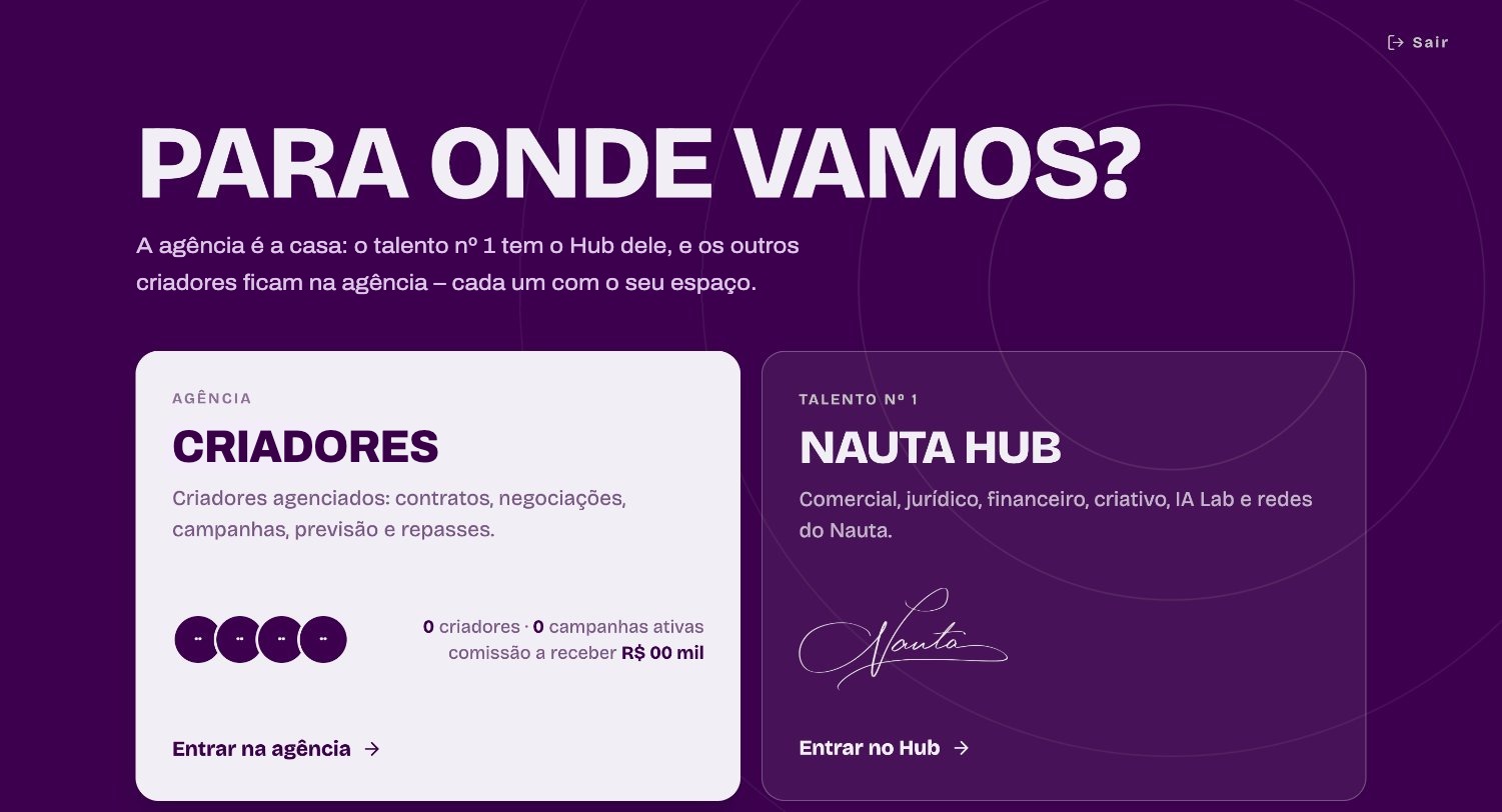 Tela de entrada do Nautahub, com a pergunta “Para onde vamos?” e dois caminhos: a agência e o hub do talento